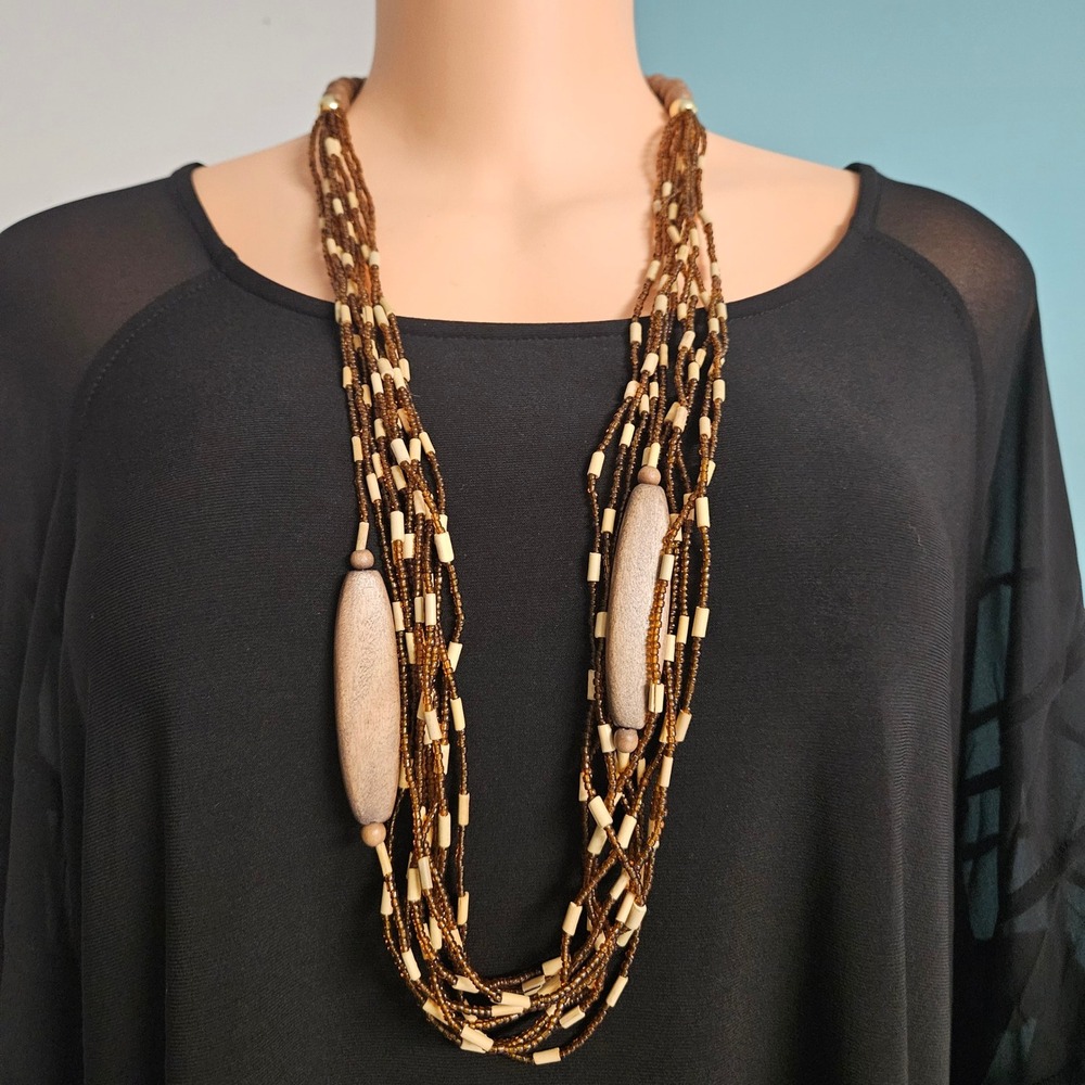 Multi Strand Beaded Necklace Women OS Brown Earthy Boho Wood Accents